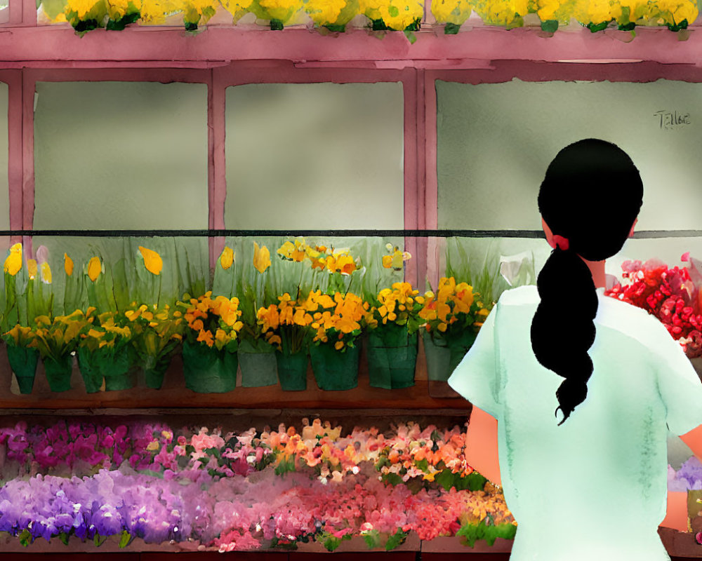 Person with Braid Admiring Colorful Flowers at Florist's Shop