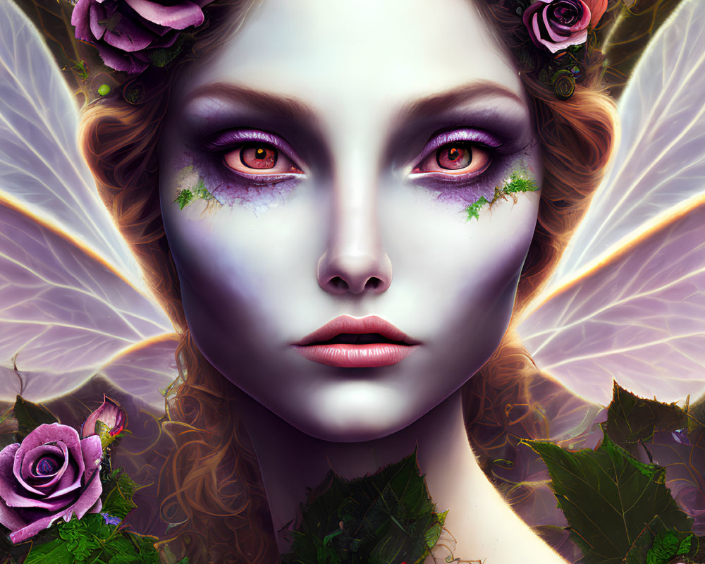 Digital artwork: Woman with purple eyes, floral crown, translucent wings, in purple and green foliage