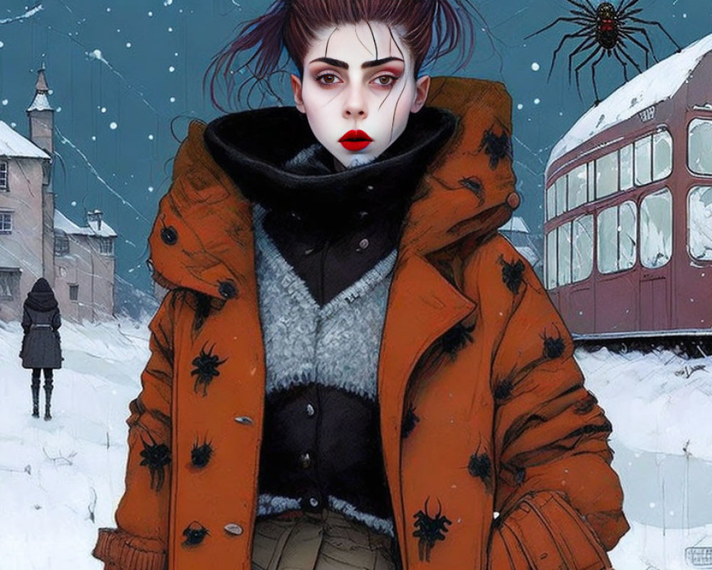 Person with striking makeup in orange jacket in snowy urban scene with spiders