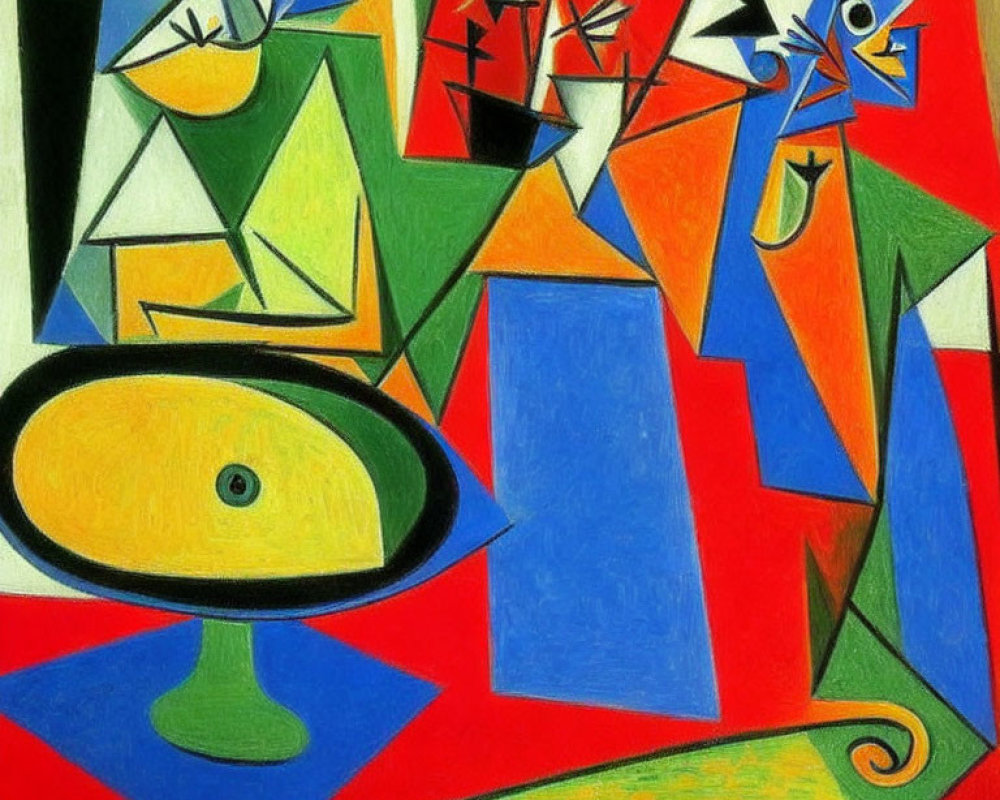 Colorful Cubist Painting Featuring Geometric Shapes and Fruit Bowl