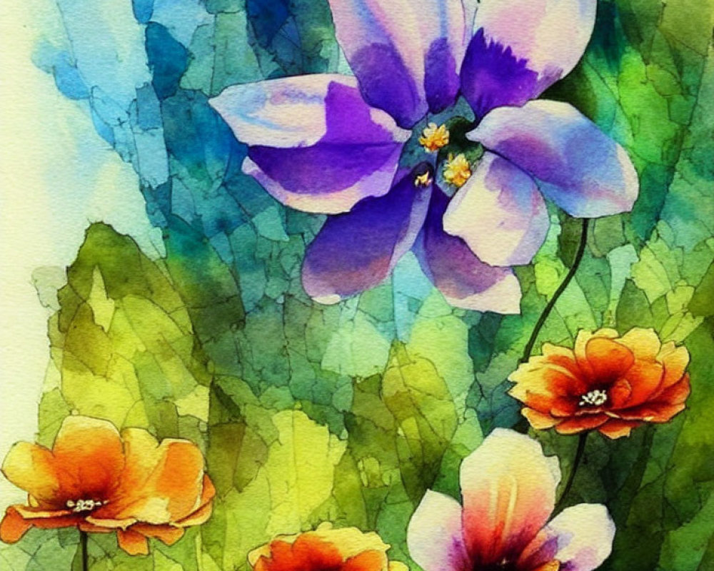 Colorful Watercolor Painting of Purple and Orange Flowers on Green Background