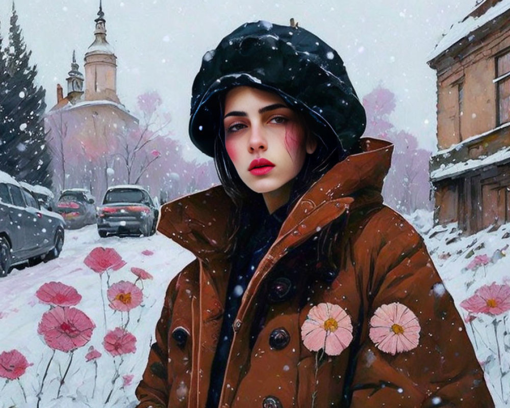 Woman in Black Hat and Brown Coat in Snowy Cityscape with Pink Flowers