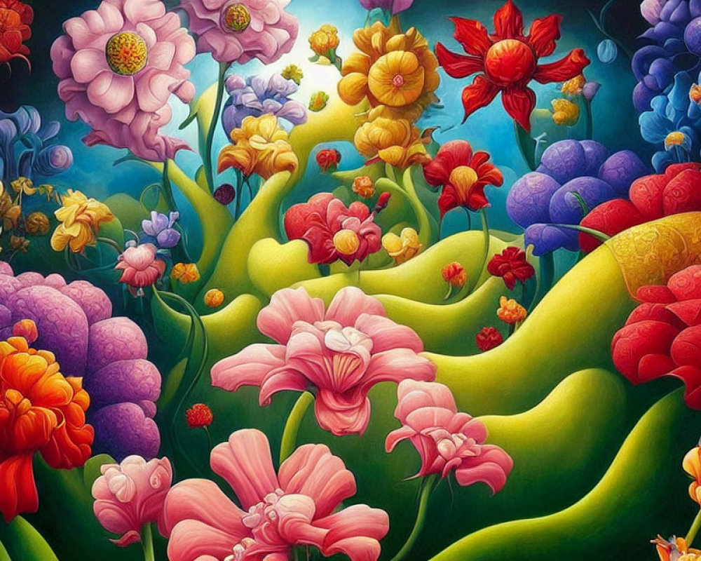 Colorful Flower Painting on Undulating Hills Under Blue Sky