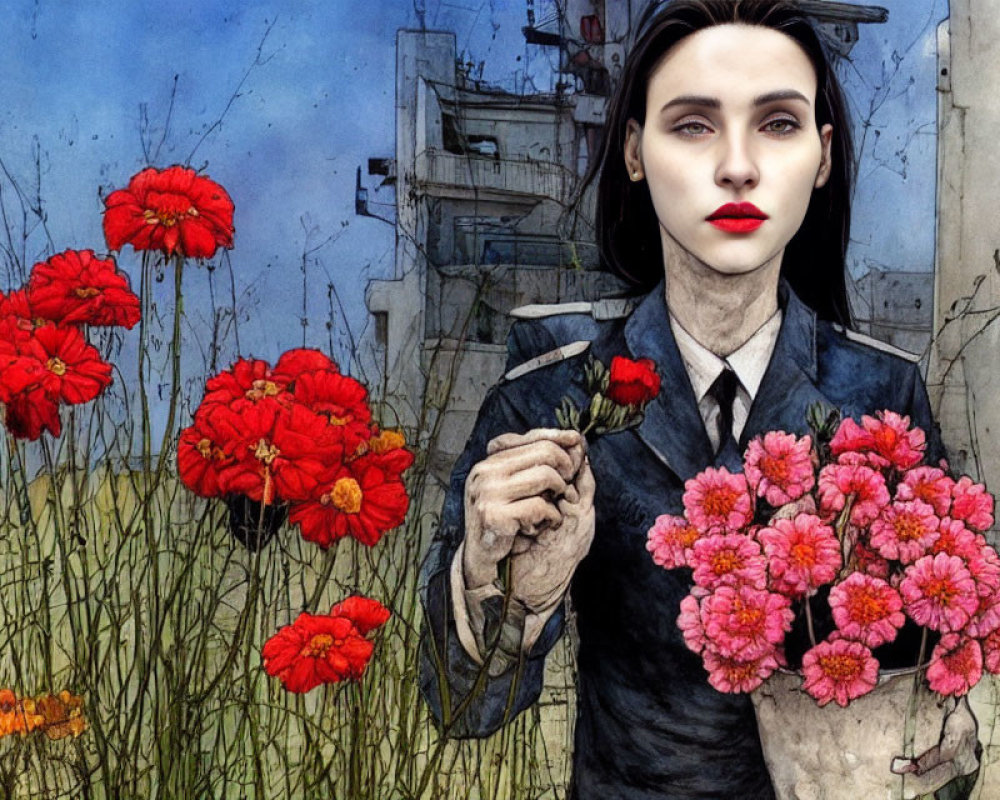 Illustrated woman with dark hair holding bouquet among red poppies and cityscape.