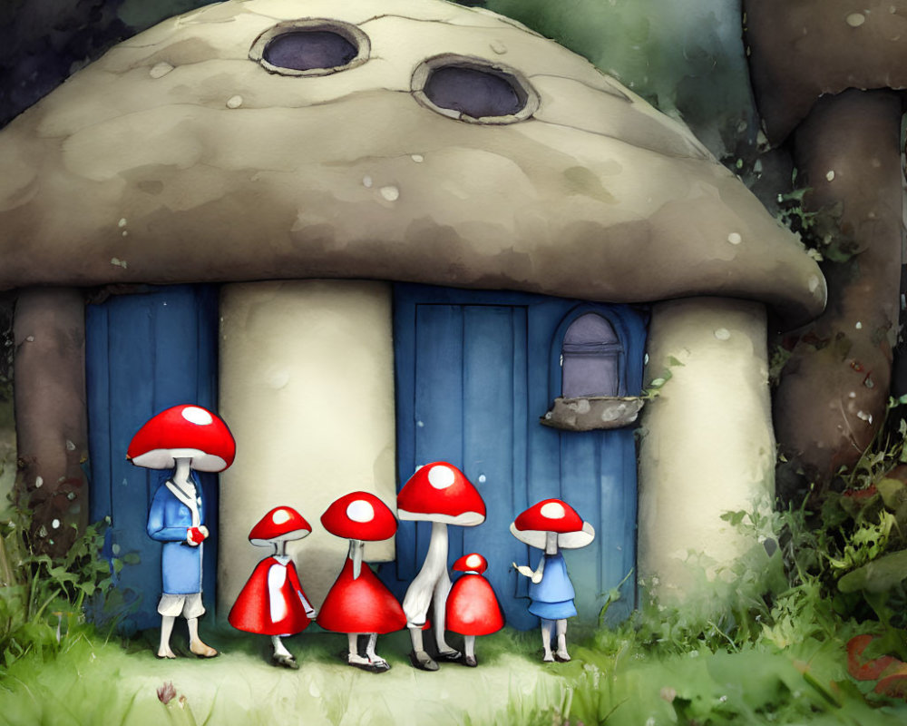 Characters with Mushroom Cap Heads in Front of Whimsical Mushroom House