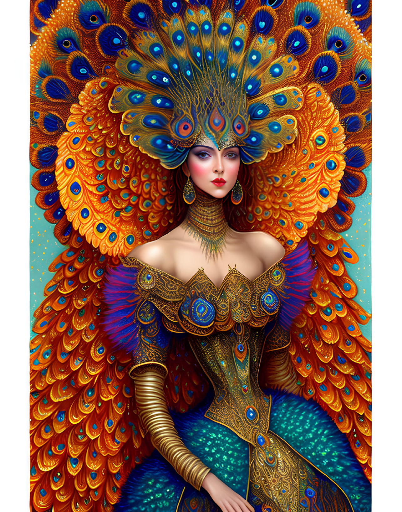 Luxurious peacock-themed attire illustration with elaborate headdress