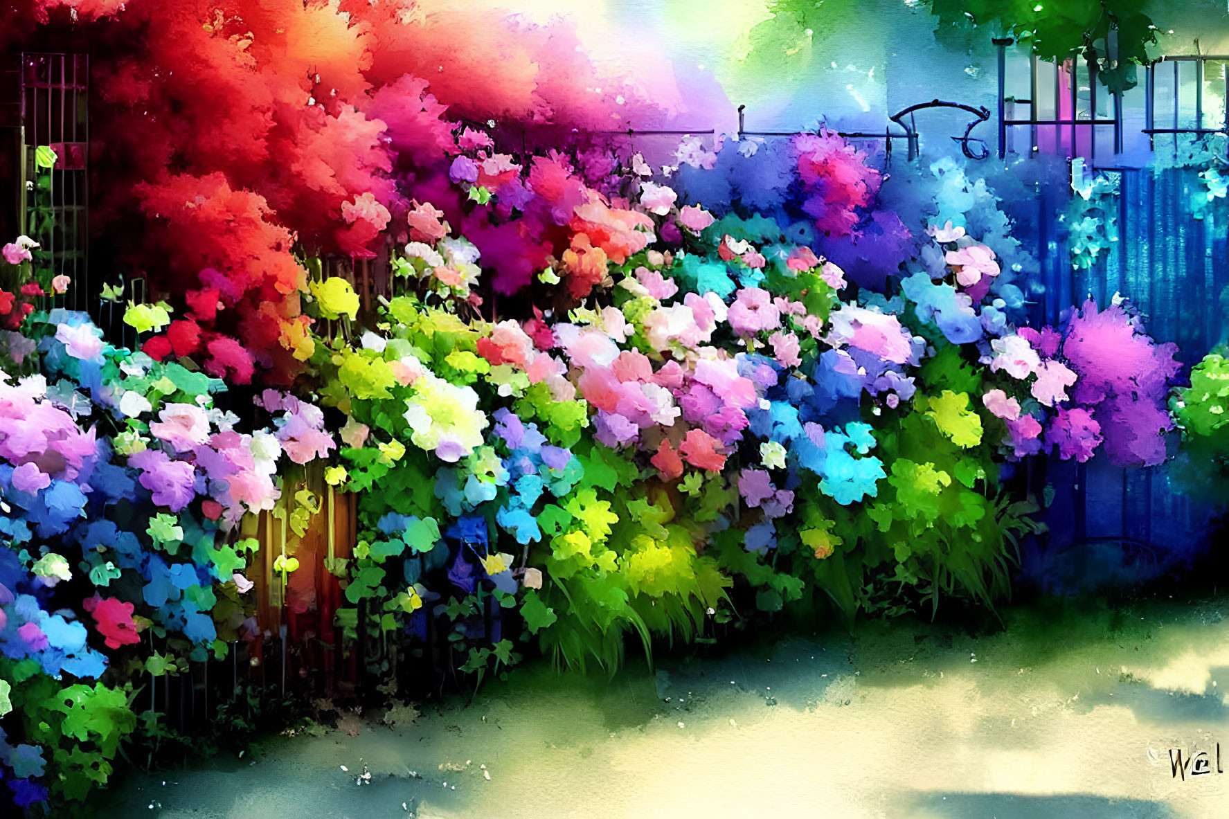 Colorful Garden Digital Painting with Vibrant Flowers and Watercolor Texture