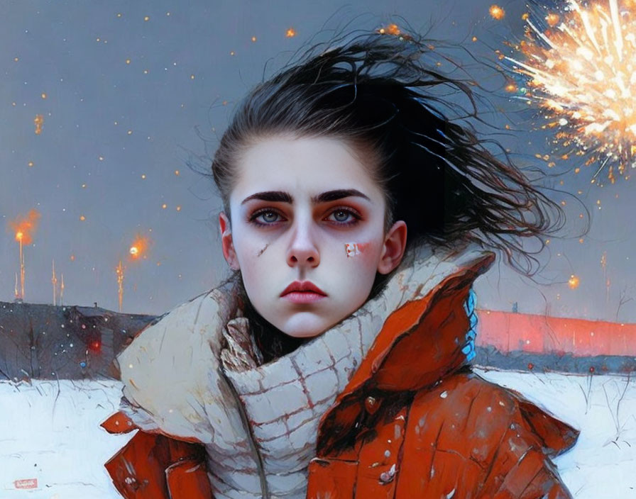 Intense gaze person in orange jacket in wintry scene with fireworks