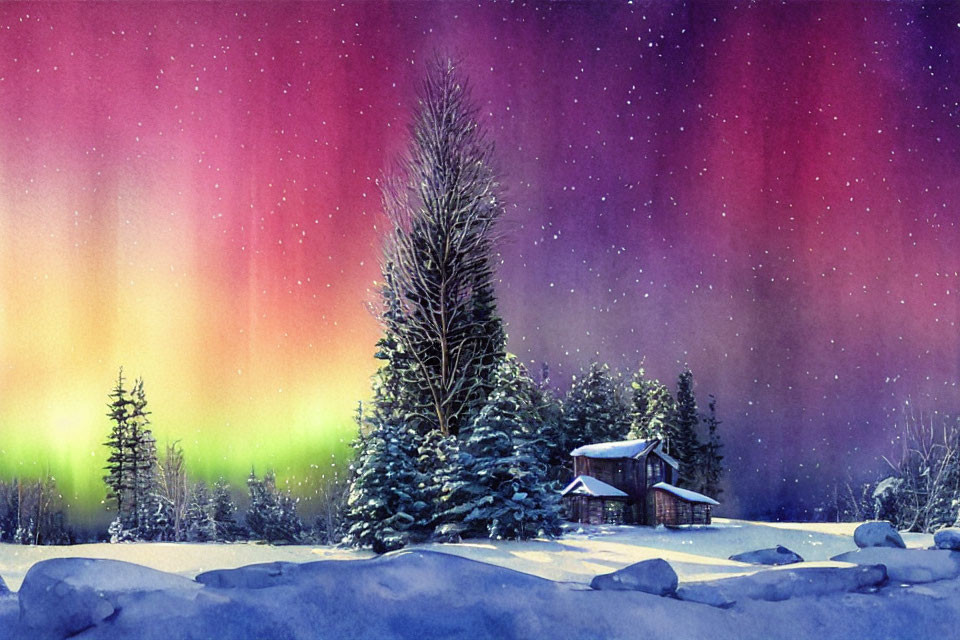 Snowy Night Landscape Watercolor Painting with Cozy Cabin, Trees & Aurora Borealis