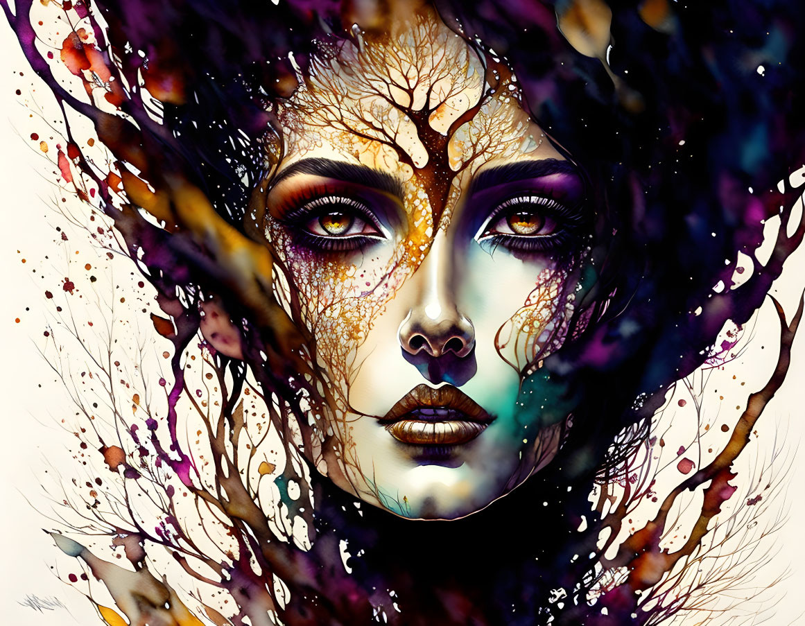 Woman's face intertwined with tree branches and colorful paint splashes