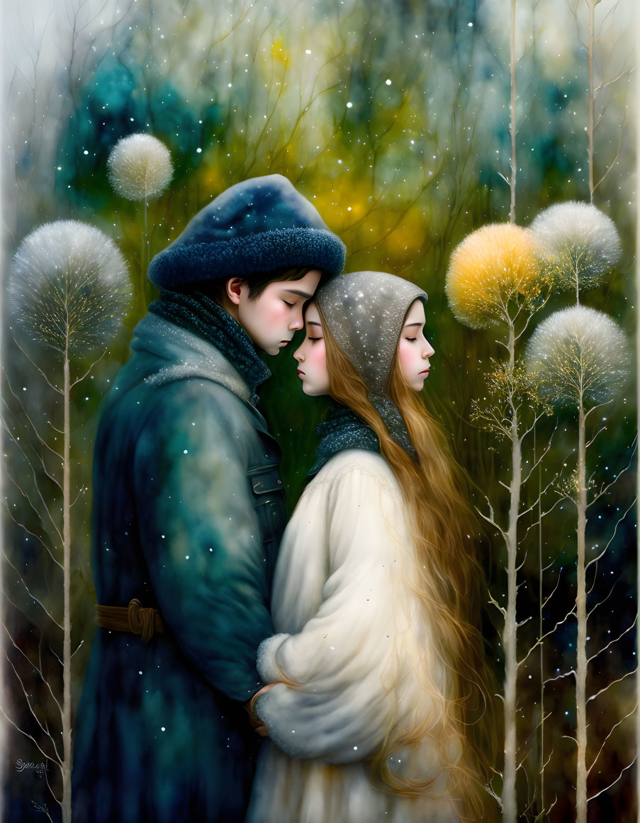 Couple Embraces in Wintry Forest with Falling Snowflakes