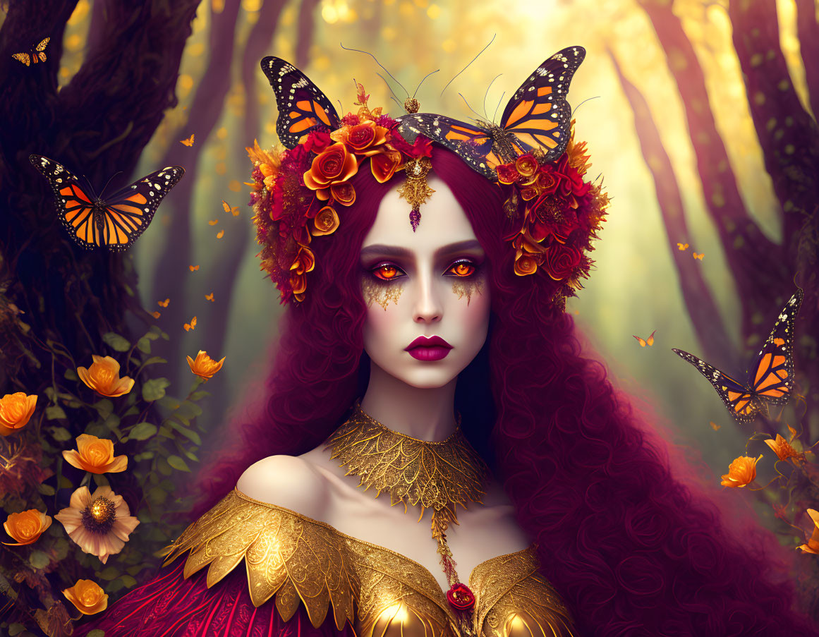 Fantastical portrait of a woman with red hair in floral headdress and forest backdrop.