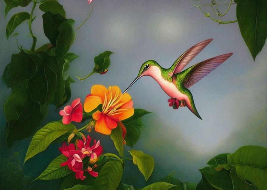 Hummingbird near vibrant flowers in serene setting