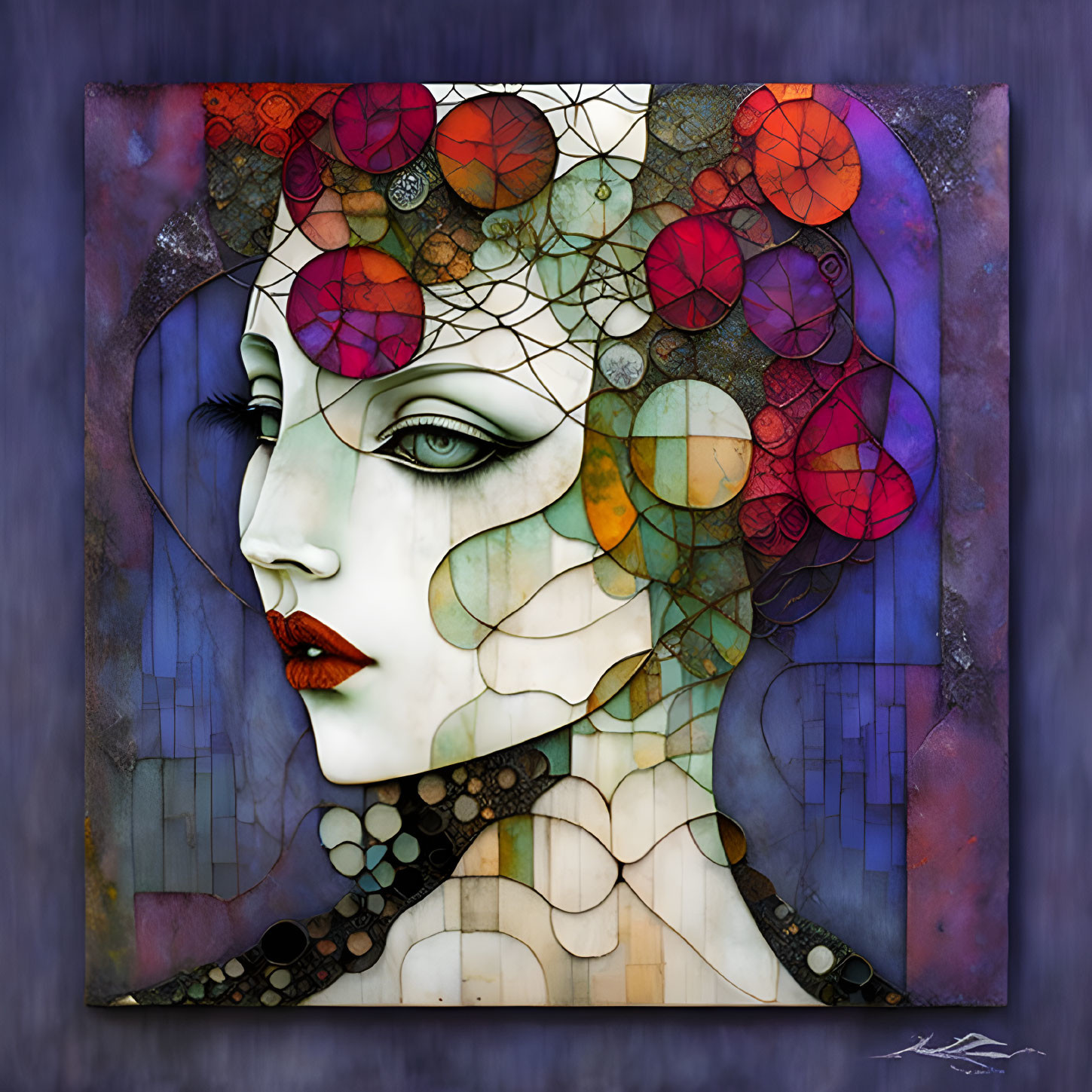 Colorful geometric abstract art of stylized female figure on dark background