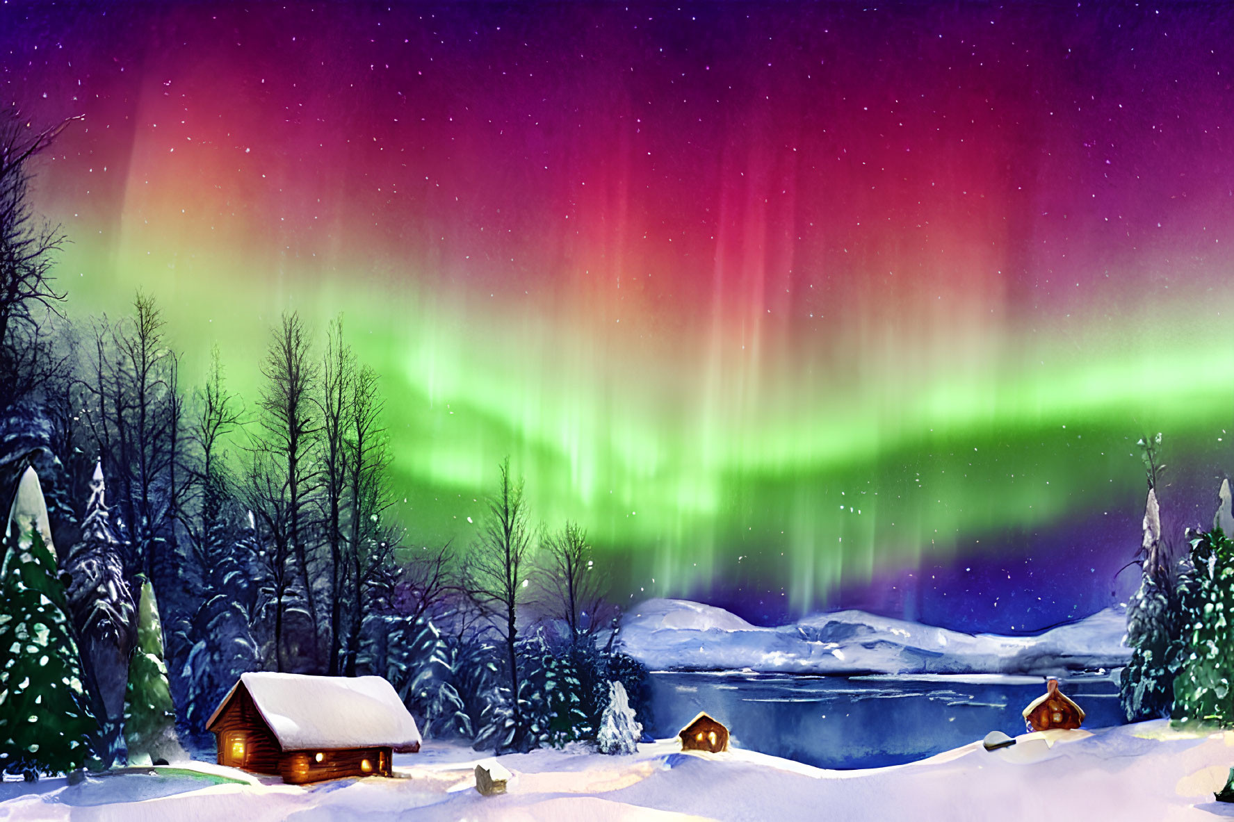 Vibrant aurora borealis over snow-covered cabins and frozen lake
