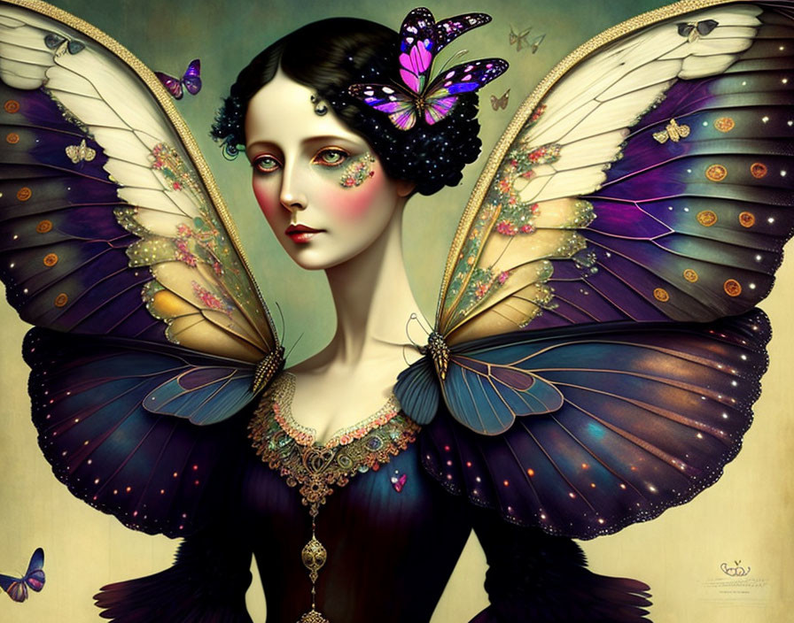 Fantasy portrait of a woman with butterfly wings and jewels