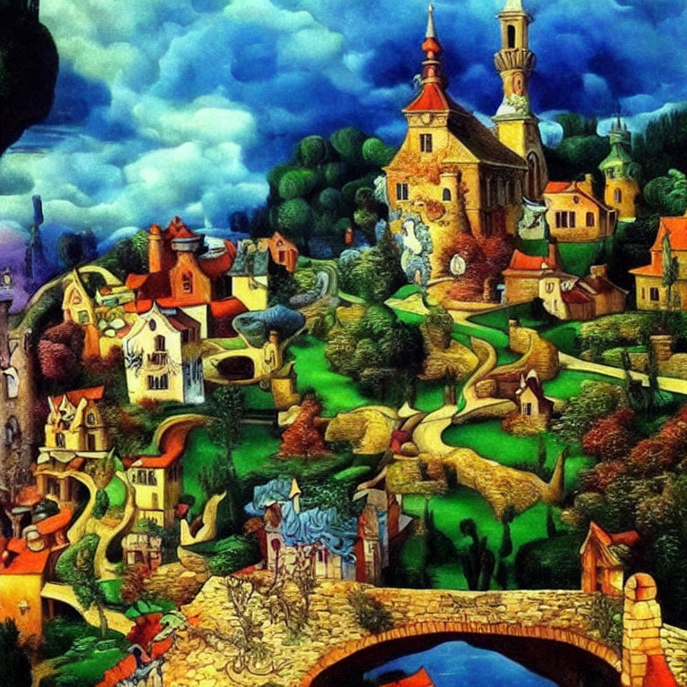 Colorful Whimsical Village Painting with Characters & Stone Bridge