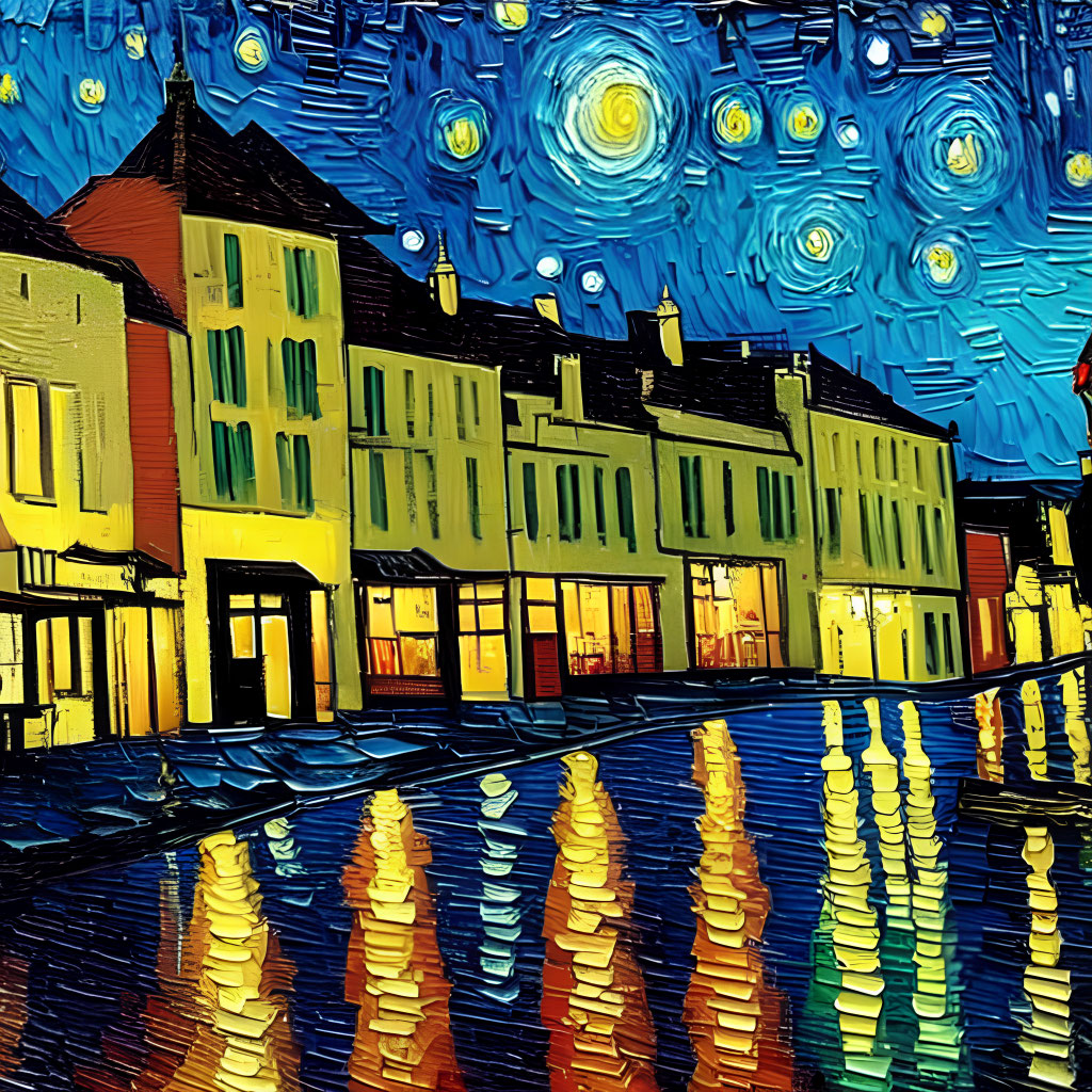 Colorful Buildings Reflecting on Wavy Surface Under Starry Night Sky