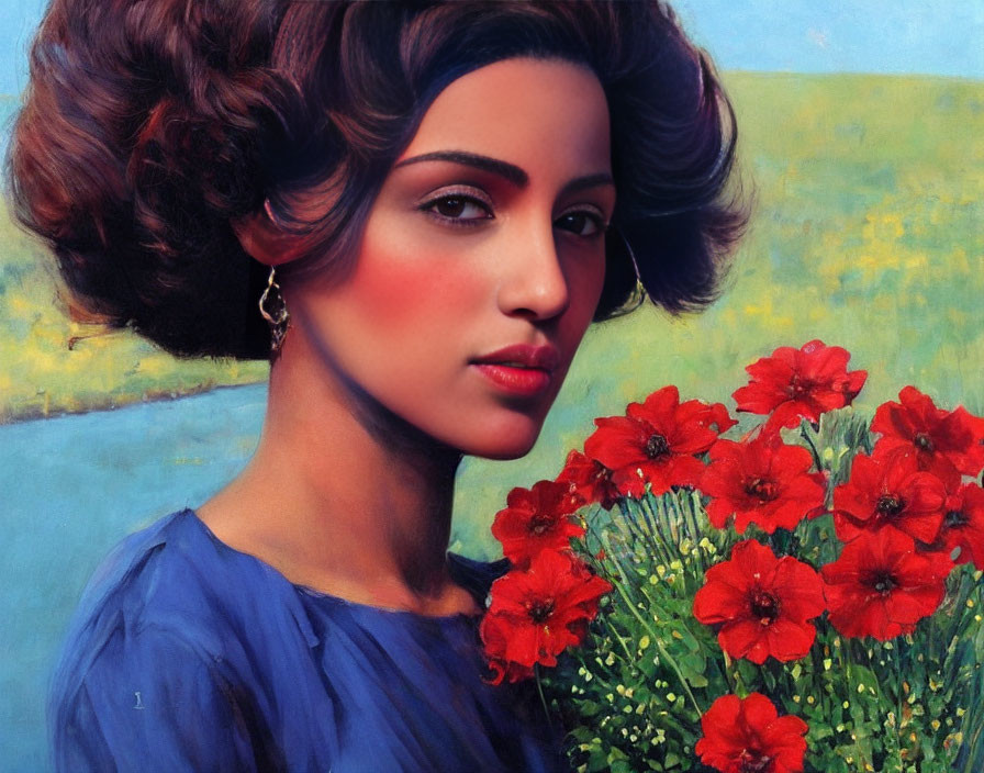 Woman with curly hair in blue top and red flowers on blue-green backdrop