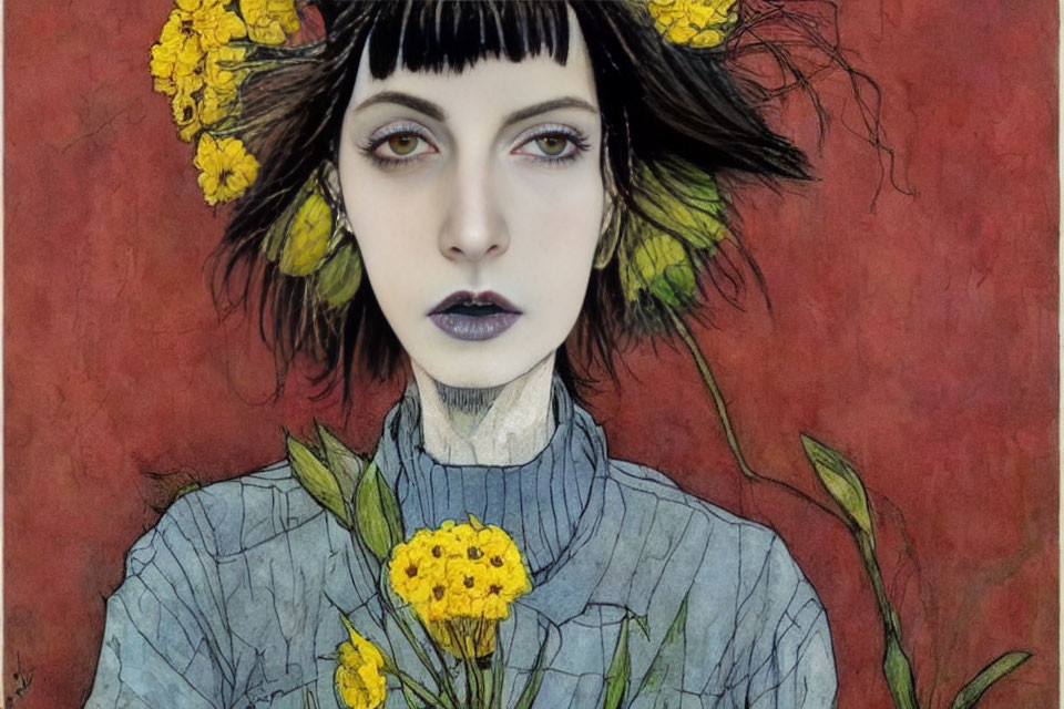 Pale woman with dark hair adorned with yellow flowers against red backdrop holding a yellow flower with a melancholic