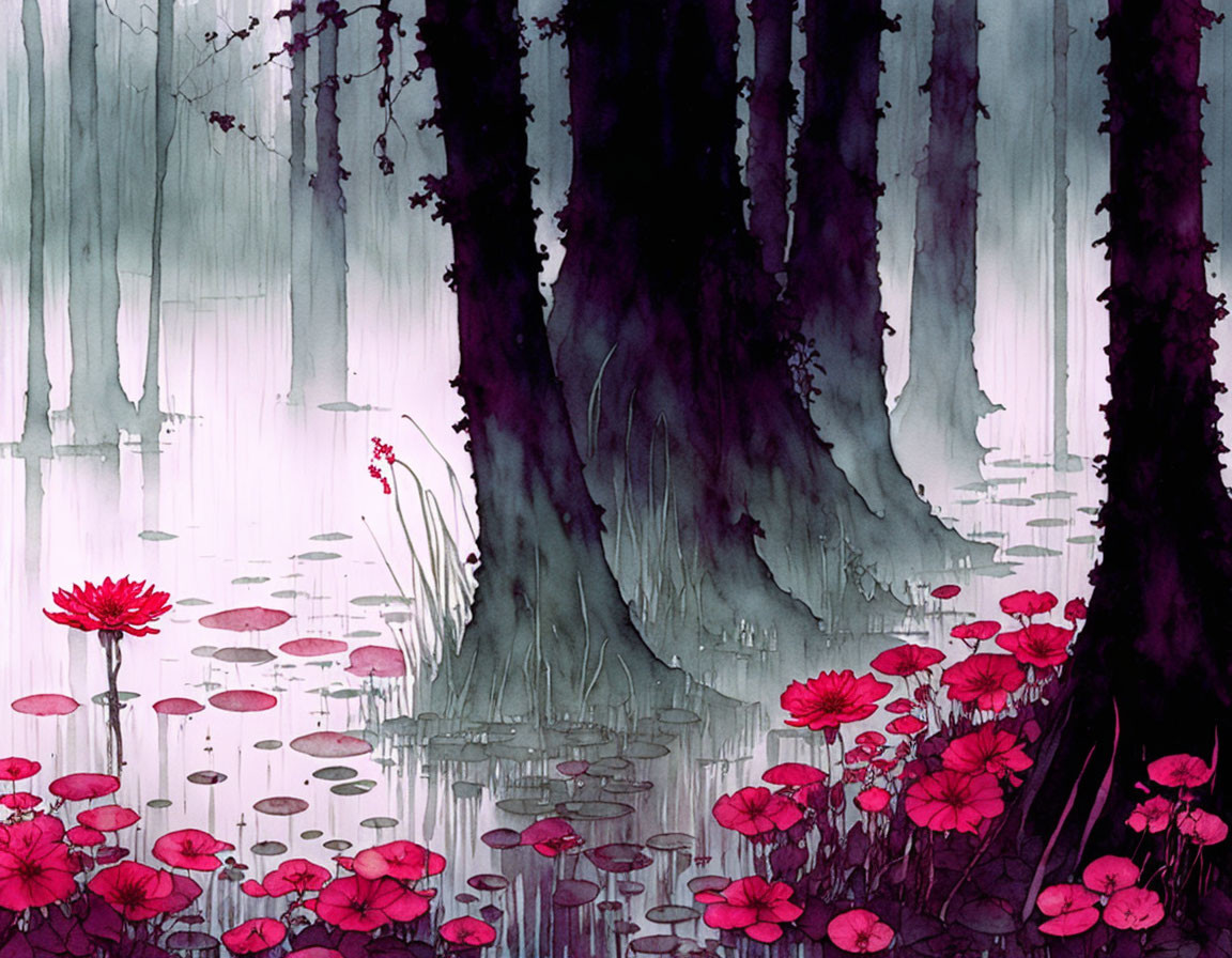 Monochromatic forest scene with red lily pads on water