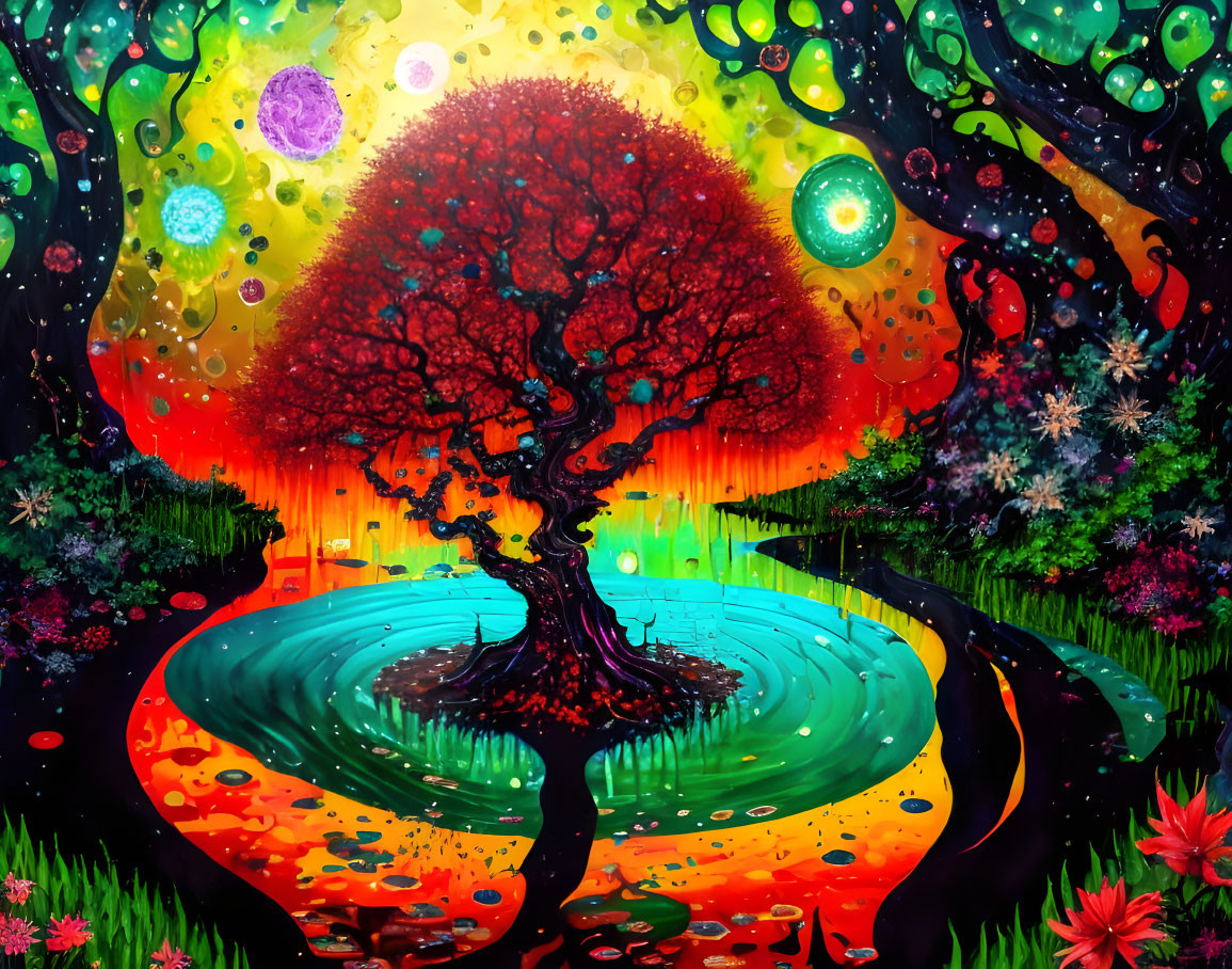 Colorful Psychedelic Tree Artwork with Cosmic Background