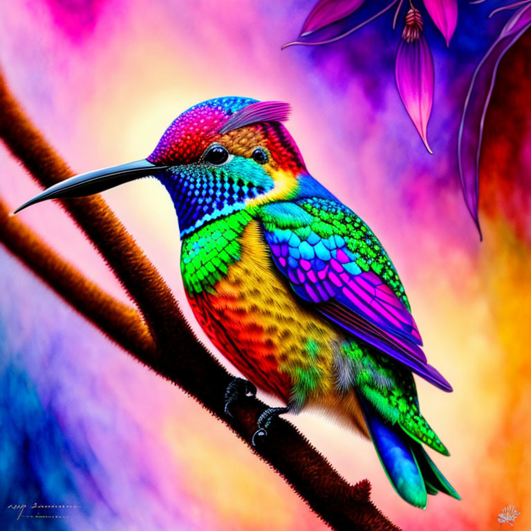 Colorful hummingbird illustration perched on branch with rainbow palette and purple flowers.