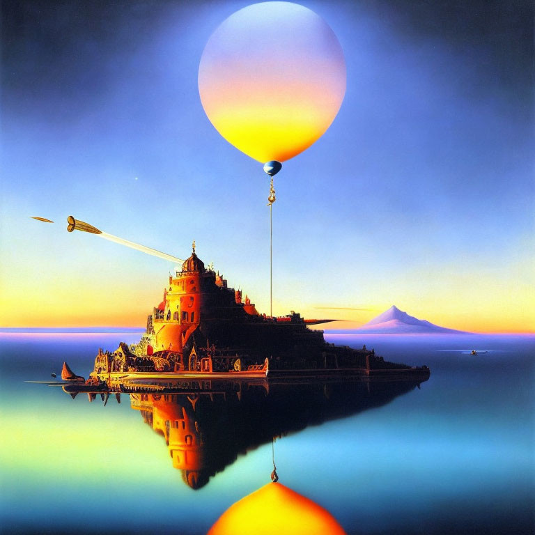 Colorful painting of island castle, hot air balloon, mountains, and reflection.