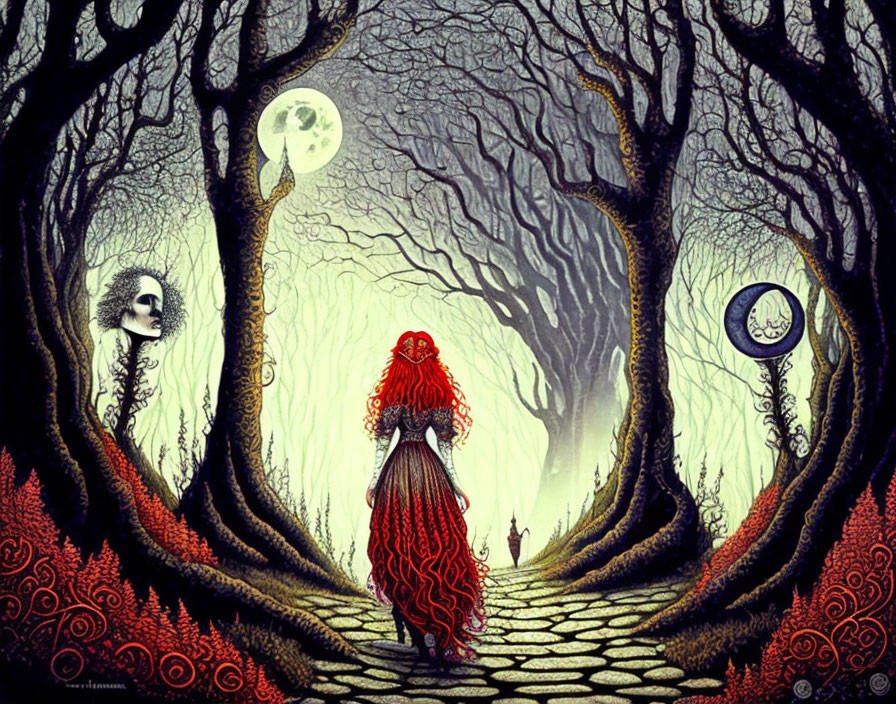 Red-haired woman in vintage dress strolls cobblestone path in eerie, mystical forest