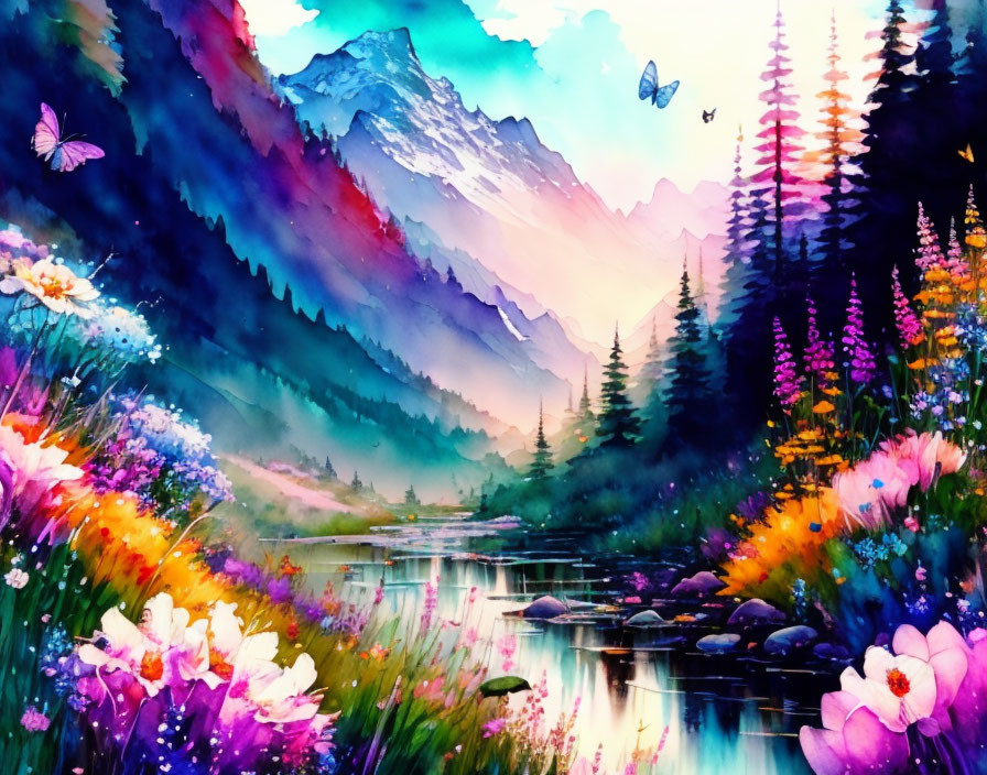 Colorful watercolor landscape: mountains, forest, river, flowers, butterflies under misty sky