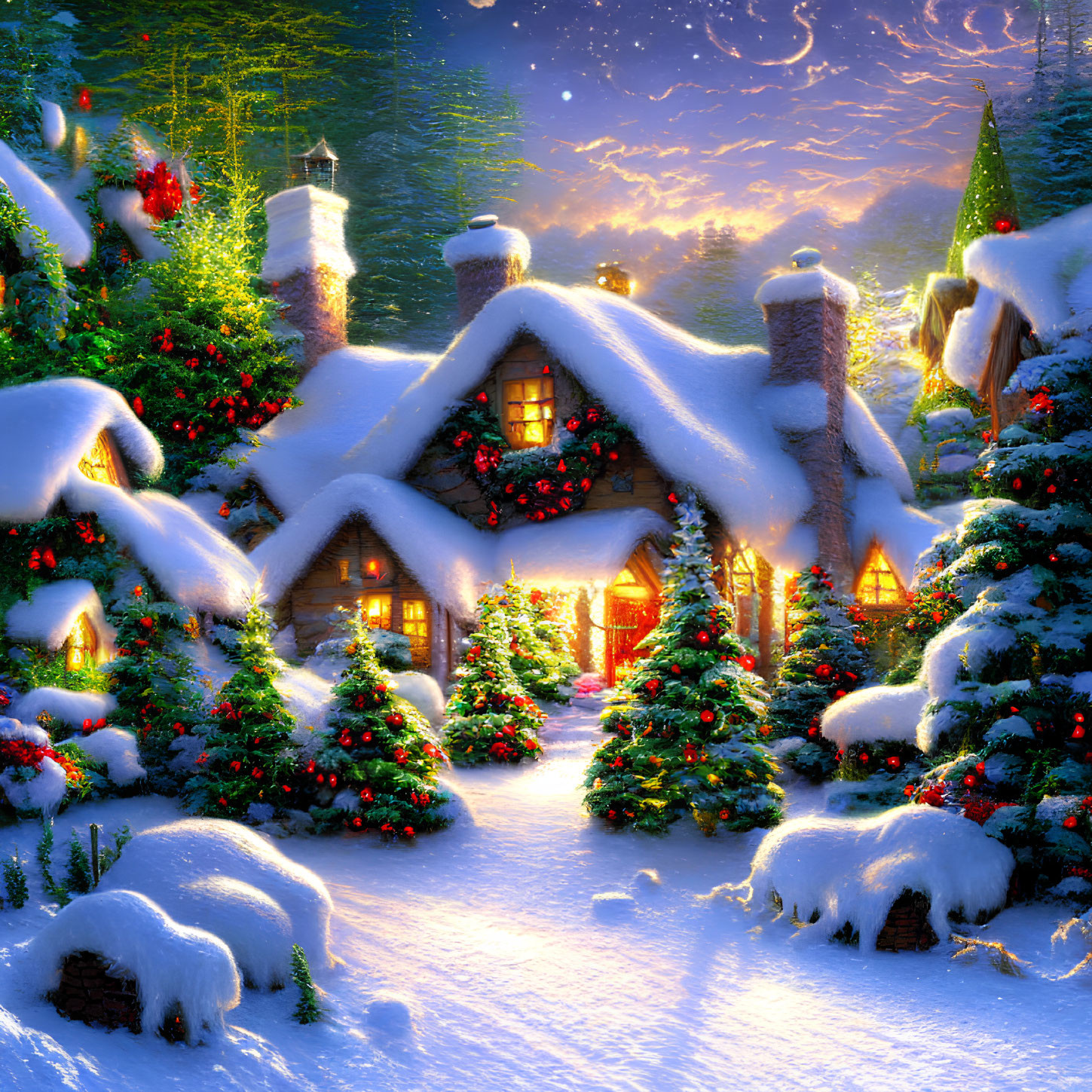 Snowy village with Christmas decorations and starlit sky