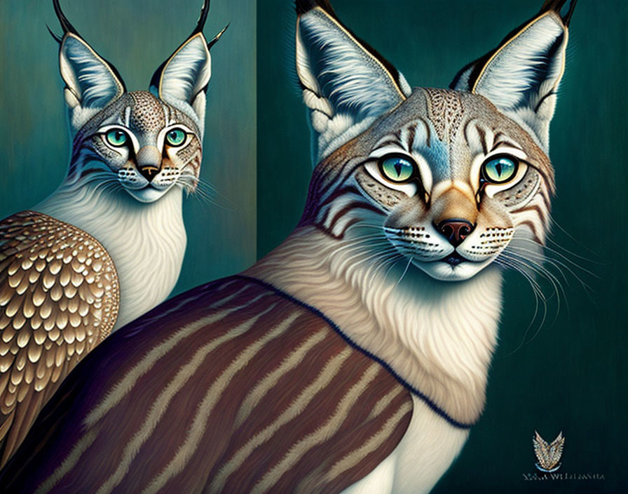 Two majestic feline creatures with expressive eyes and owl-like features.