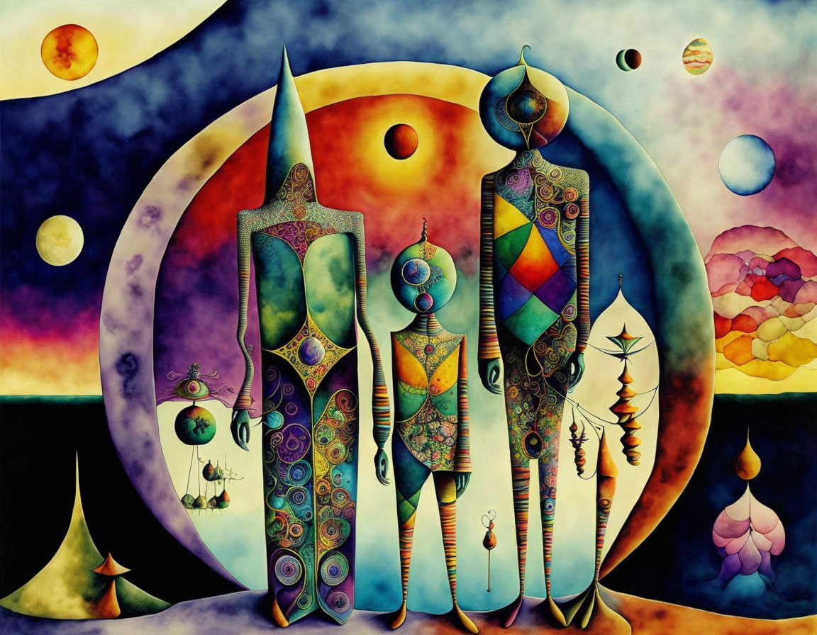 Vibrant surreal artwork: three humanoid figures with geometric patterns in cosmic setting