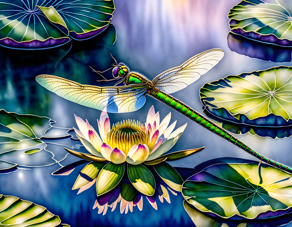 Dragonfly on Water Lily: Vibrant Digital Artwork