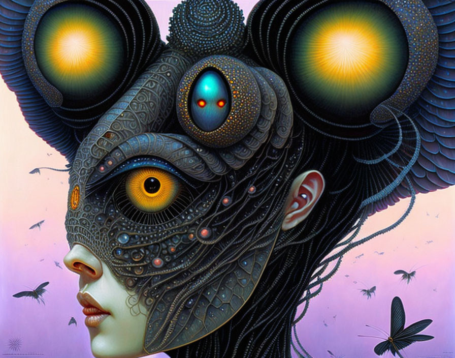 Surreal portrait of woman with ornate patterns and multiple eyes in vivid colors against twilight sky