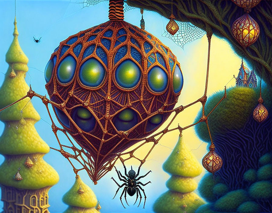 Fantastical landscape with spider, orb web, whimsical trees, glowing lanterns