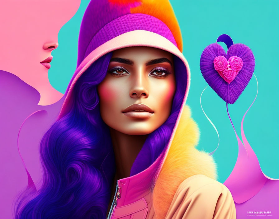 Stylized female portraits with vibrant hair and makeup on multicolored background.