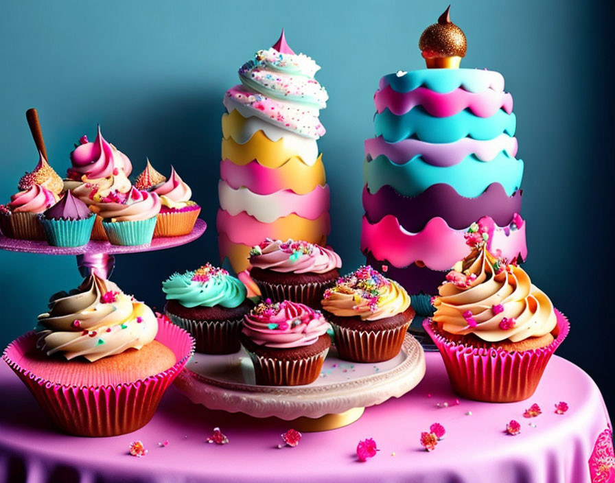 Colorful Dessert Display with Multi-Tiered Cake & Cupcakes