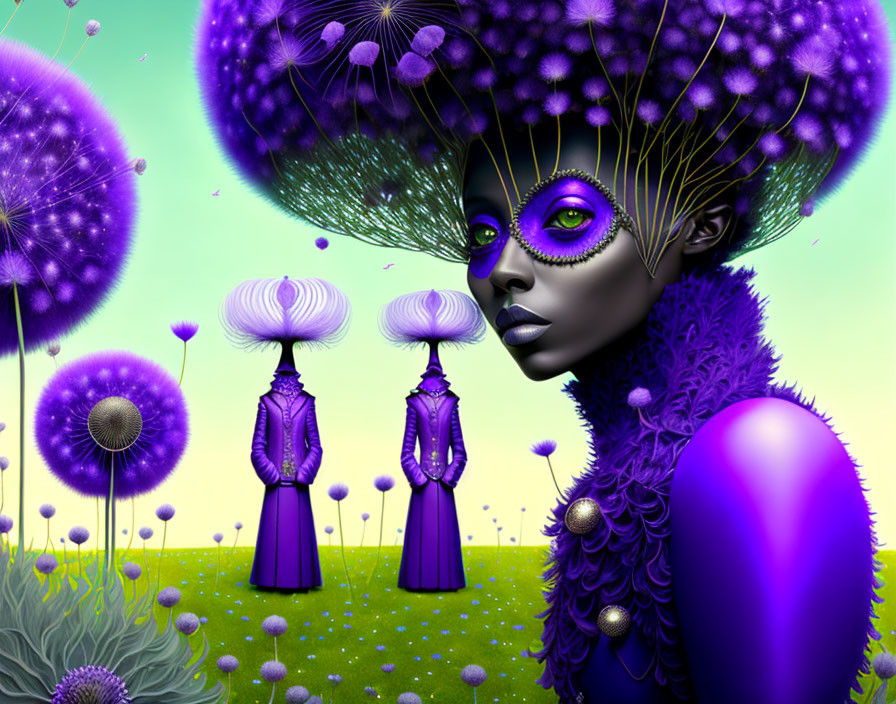 Digital Artwork: Woman with Purple Skin and Botanical Headdress in Fantasy Landscape