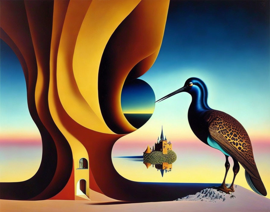 Surreal painting with stylized bird, floating castle, abstract shapes, vibrant sunset.