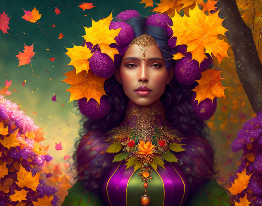 Woman adorned with autumn leaves and purple fruits in golden jewelry against fall backdrop