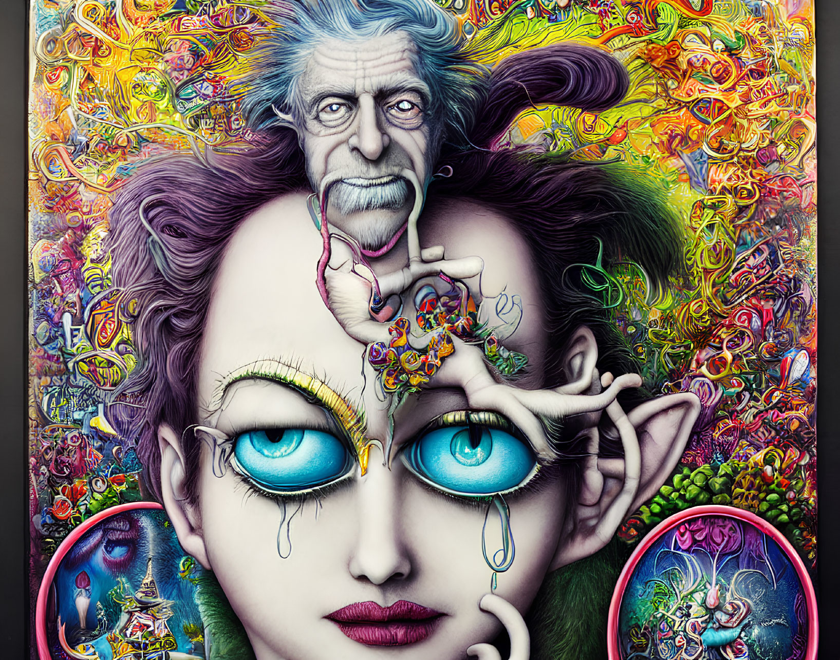 Colorful artwork features elderly man, quirky expression, psychedelic background, and elfin figure
