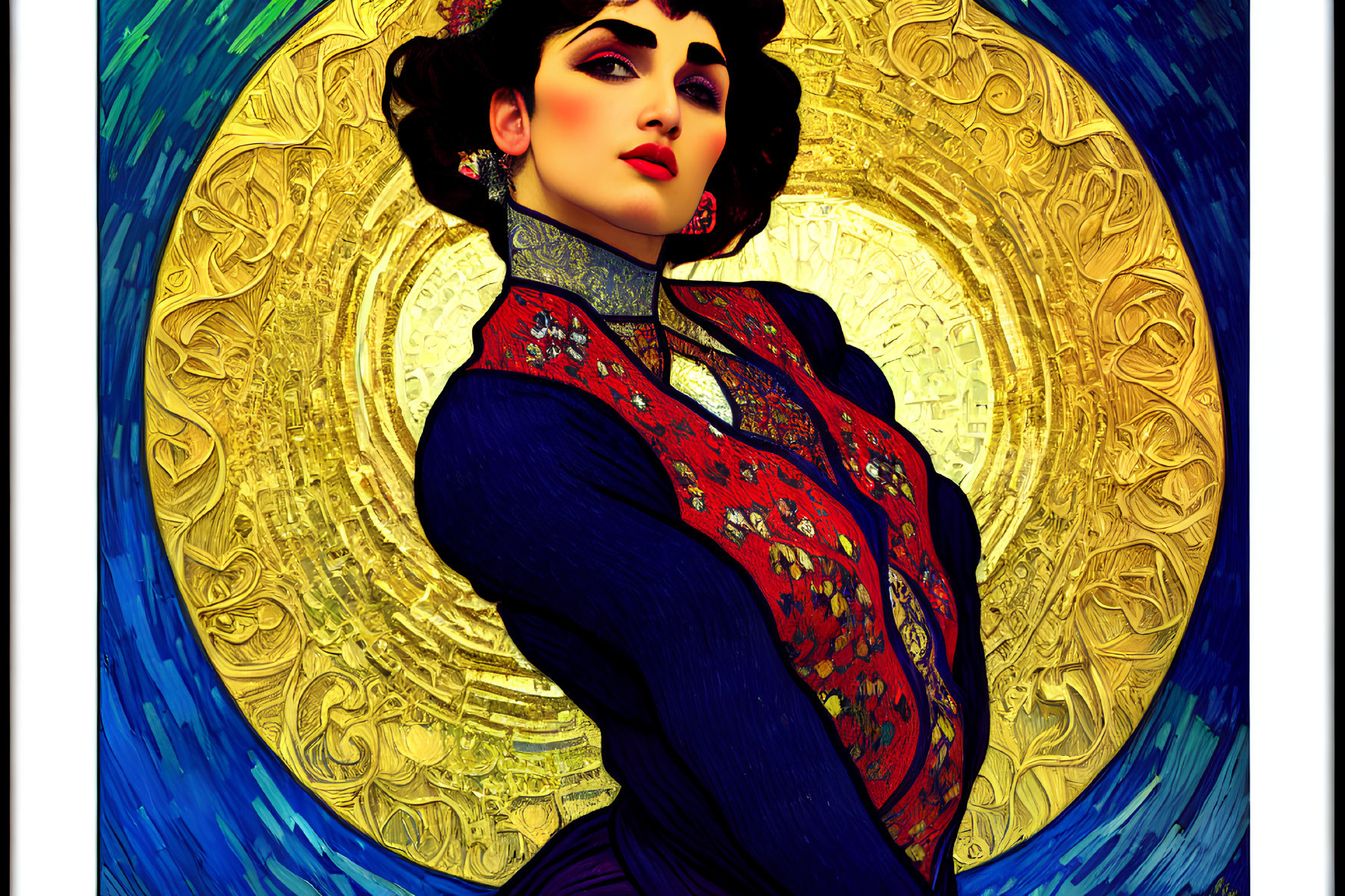 Illustration of woman in blue and red outfit on golden spiral backdrop