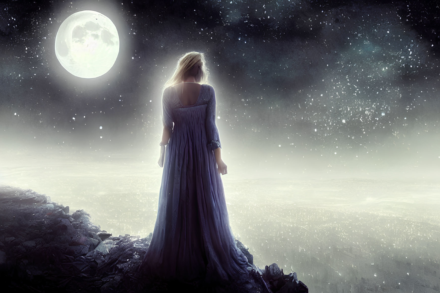 Woman in flowing dress gazes at starlit sky on cliff under full moon