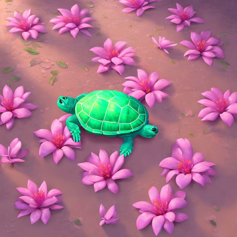 Green Turtle Surrounded by Pink Lotus Flowers on Muddy Surface