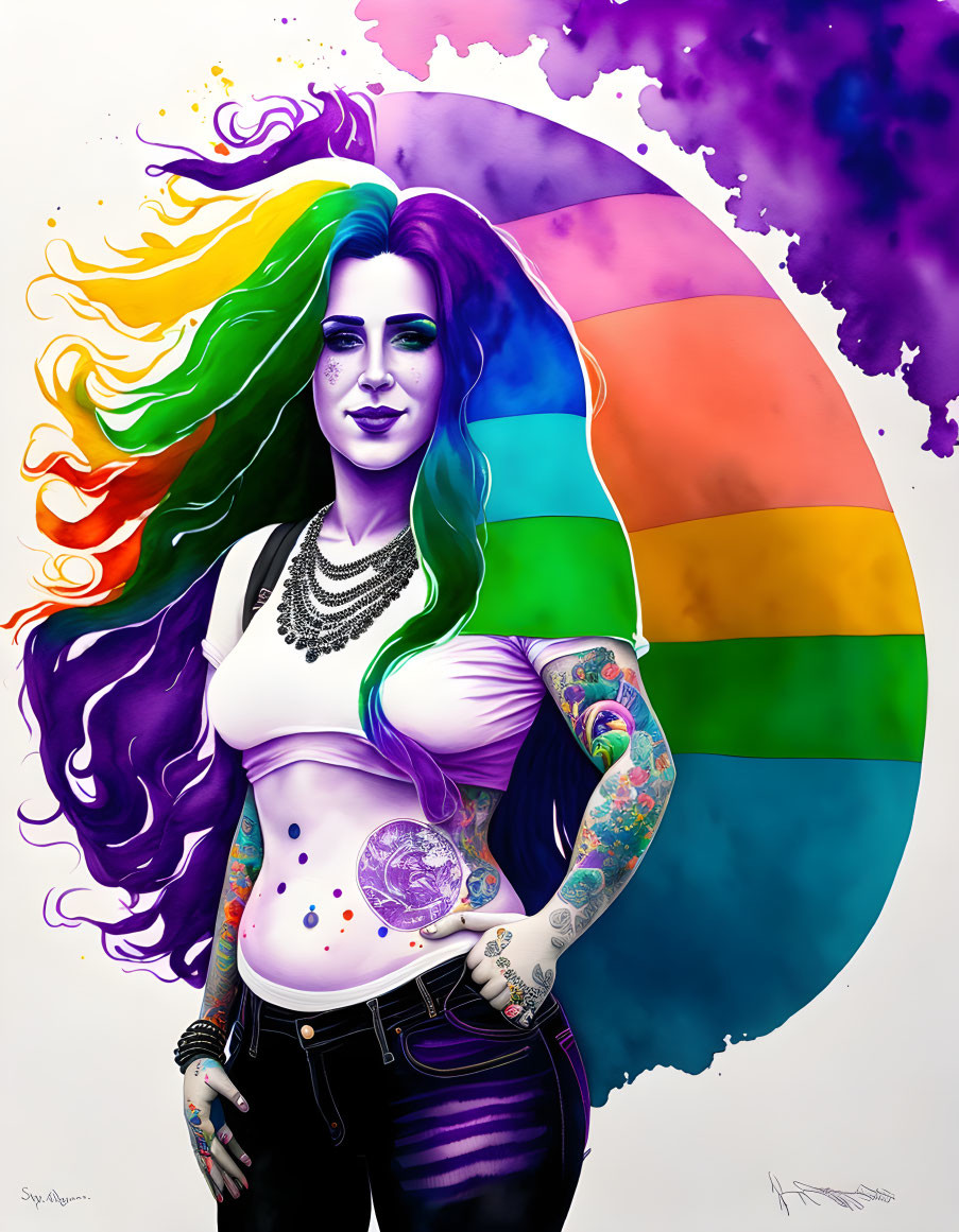 Vibrant tattooed woman with long hair in purple and green against rainbow backdrop