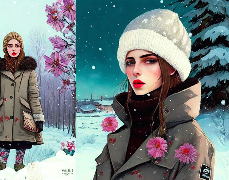 Winter-themed illustration of a woman in coat and beanie with floral accents in snowy landscape