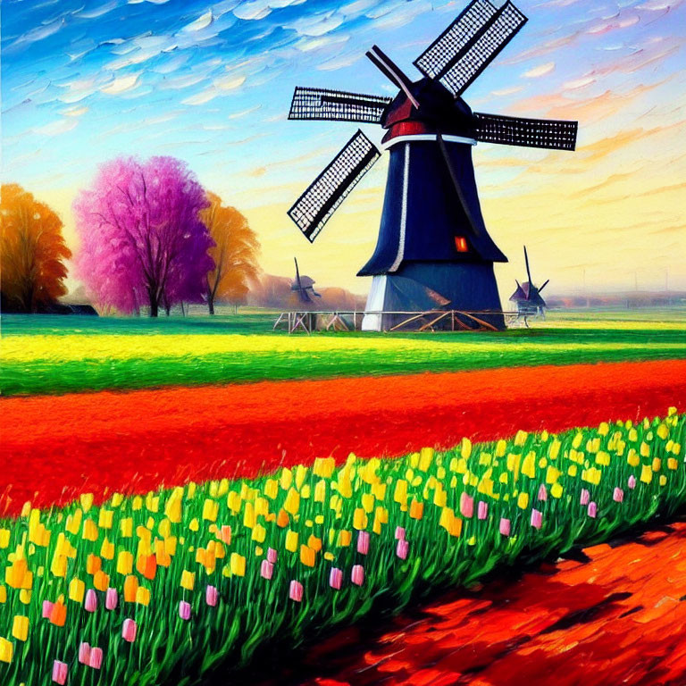 Traditional Dutch windmills and colorful tulip fields under clear blue sky