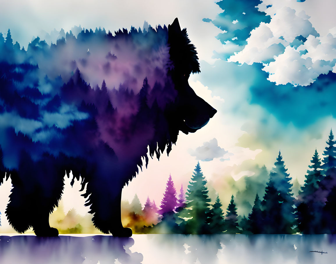 Bear Silhouette Featuring Forest and Sky Watercolor Scene