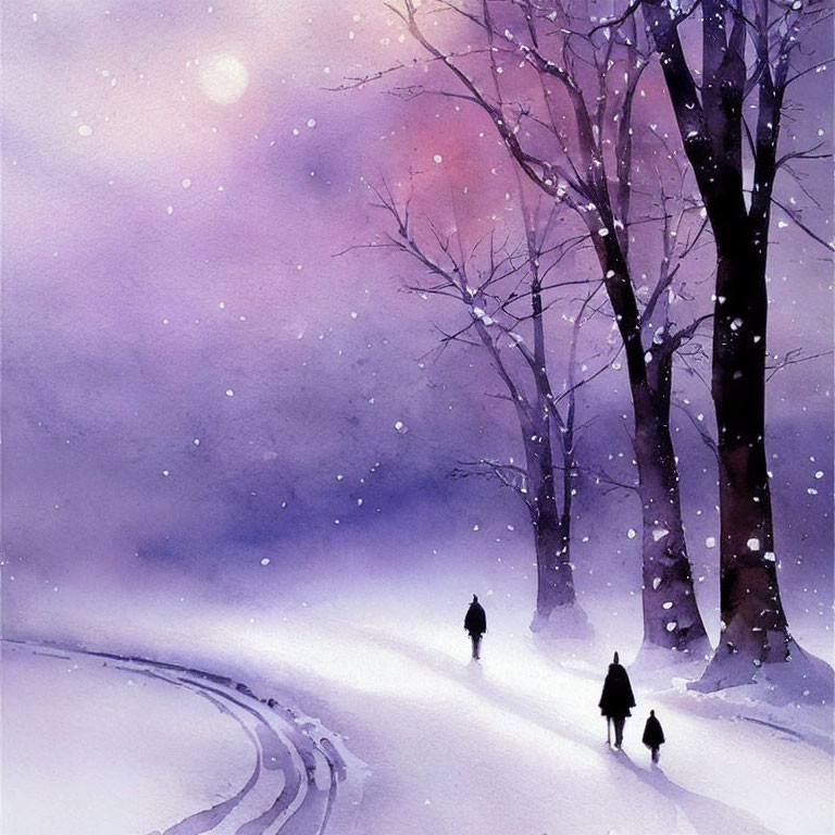 Snowy Path Watercolor Illustration: Figures Walking Among Purple Trees in Twilight Snowfall